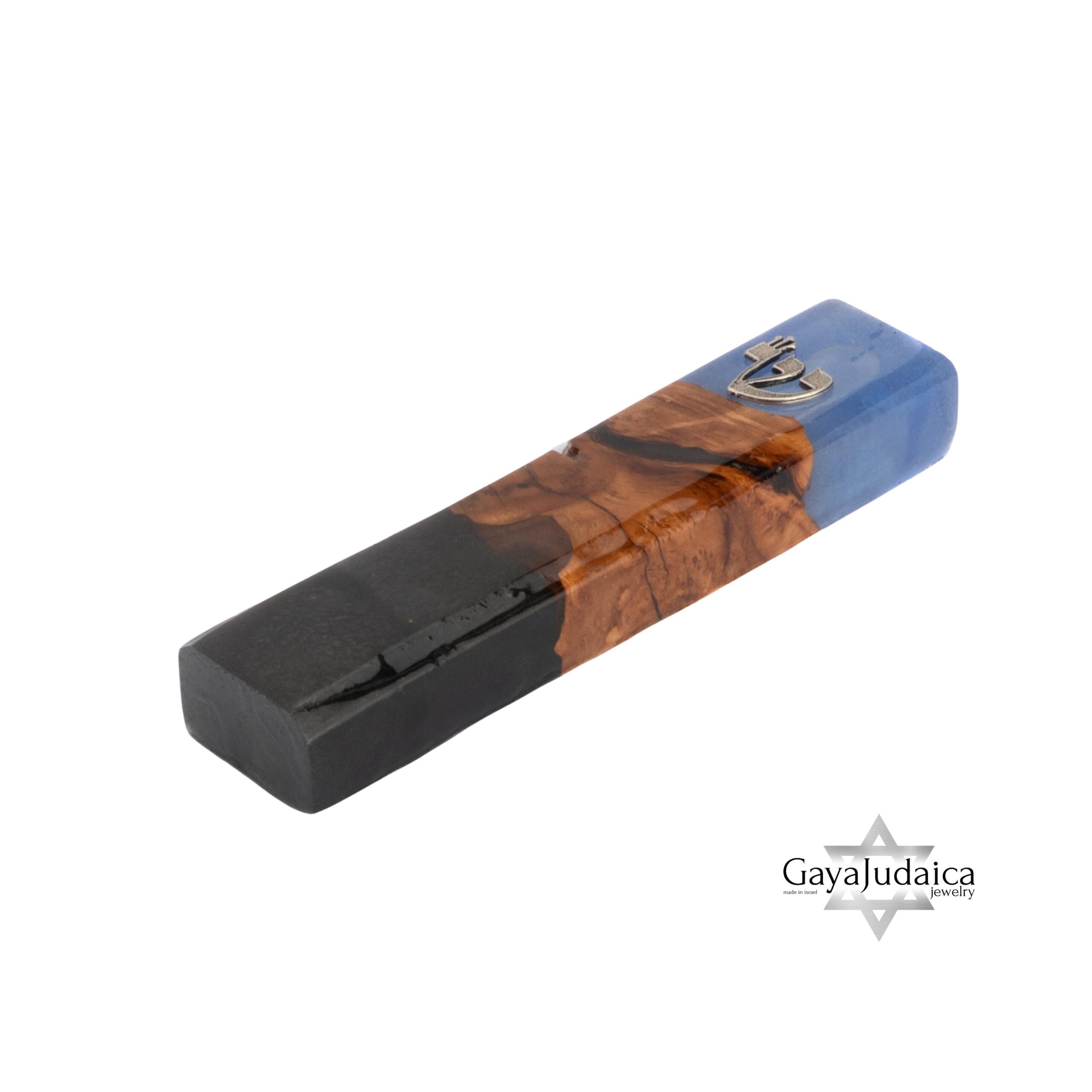 Handmade Olive Wood Mezuzah — Blue & Black Epoxy, Modern Judaica Handmade Olive Wood Mezuzah — Blue & Black Epoxy, Modern Judaica