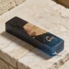 Olive Wood Mezuzah Case Blue and Black Epoxy — staged view, handmade in Israel