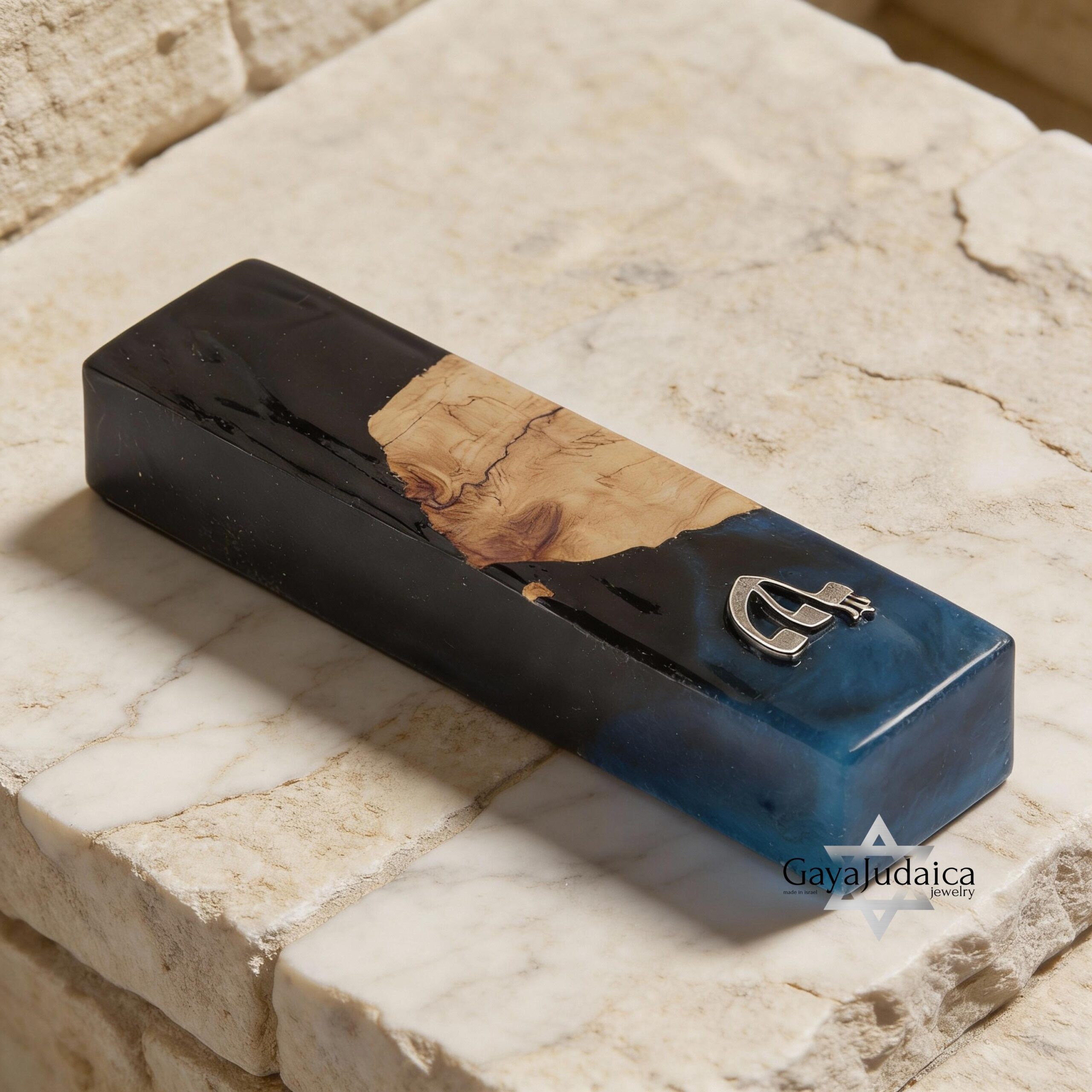 Handmade Olive Wood Mezuzah — Blue & Black Epoxy, Modern Judaica Handmade Olive Wood Mezuzah — Blue & Black Epoxy, Modern Judaica