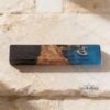 Olive Wood Mezuzah Case Blue and Black Epoxy — natural light shot, handmade in Israel