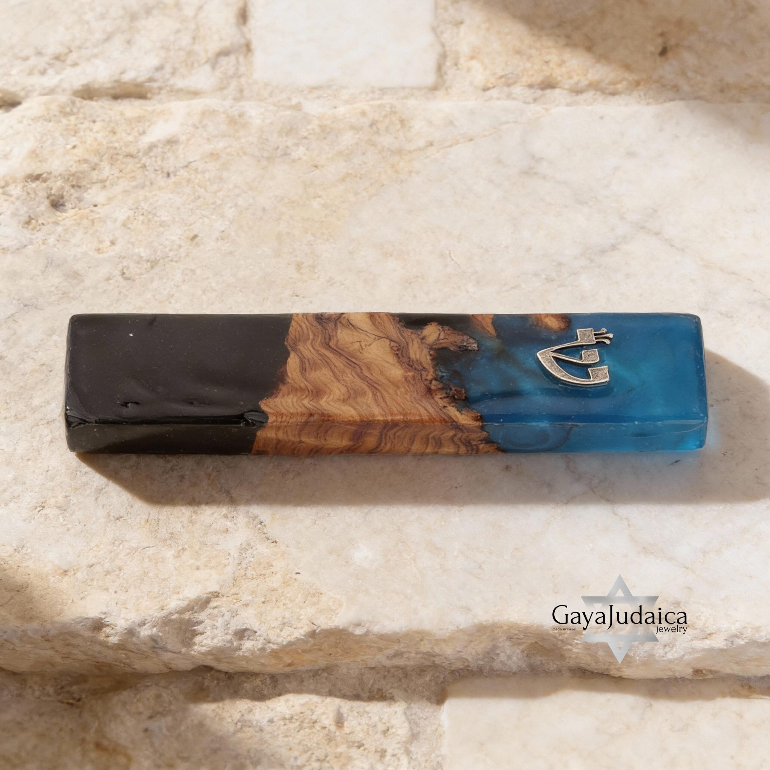 Handmade Olive Wood Mezuzah — Blue & Black Epoxy, Modern Judaica Handmade Olive Wood Mezuzah — Blue & Black Epoxy, Modern Judaica