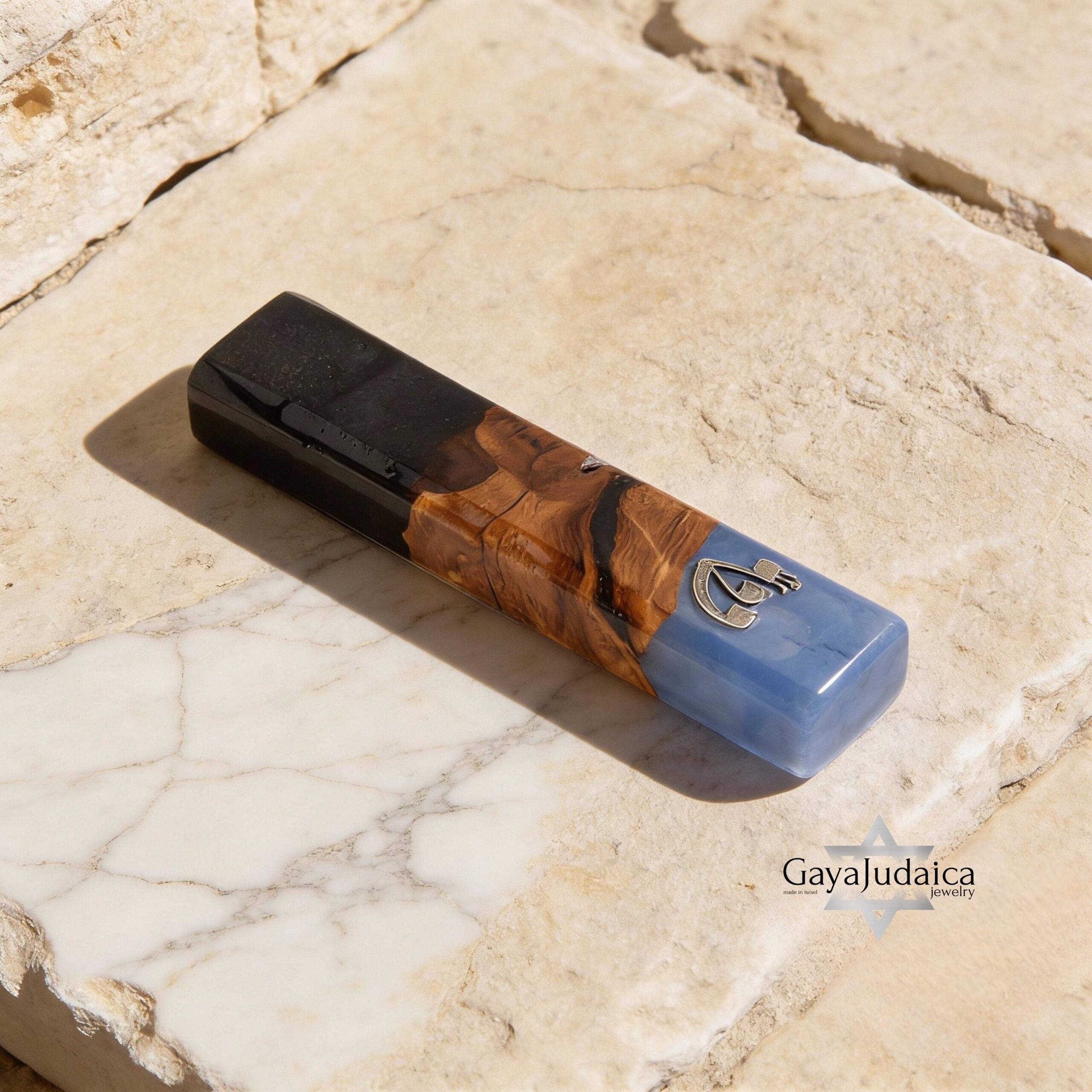 Handmade Olive Wood Mezuzah — Blue & Black Epoxy, Modern Judaica Handmade Olive Wood Mezuzah — Blue & Black Epoxy, Modern Judaica