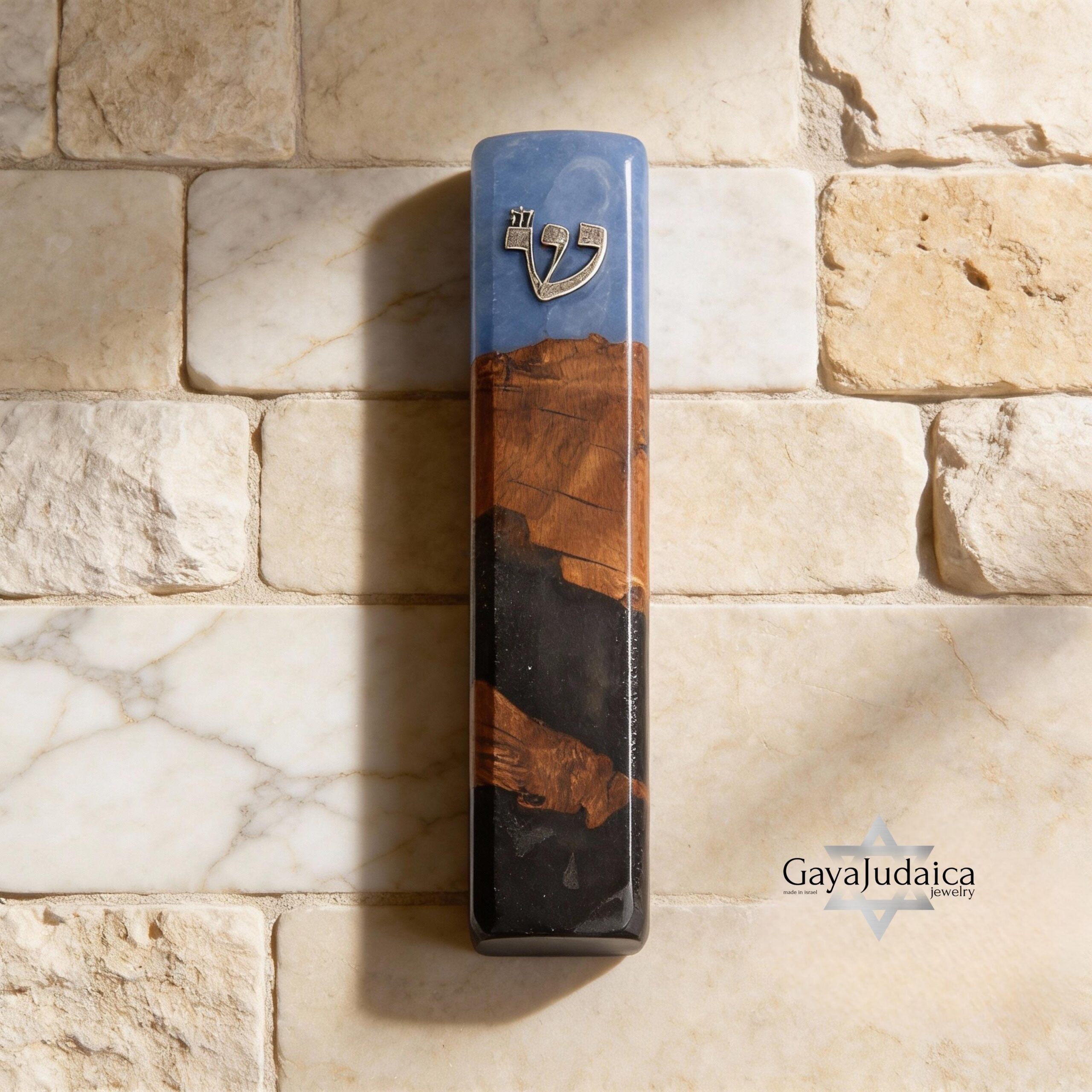 Handmade Olive Wood Mezuzah — Blue & Black Epoxy, Modern Judaica Handmade Olive Wood Mezuzah — Blue & Black Epoxy, Modern Judaica
