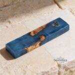 Handmade Olive Wood Mezuzah — Blue Epoxy, Modern Judaica