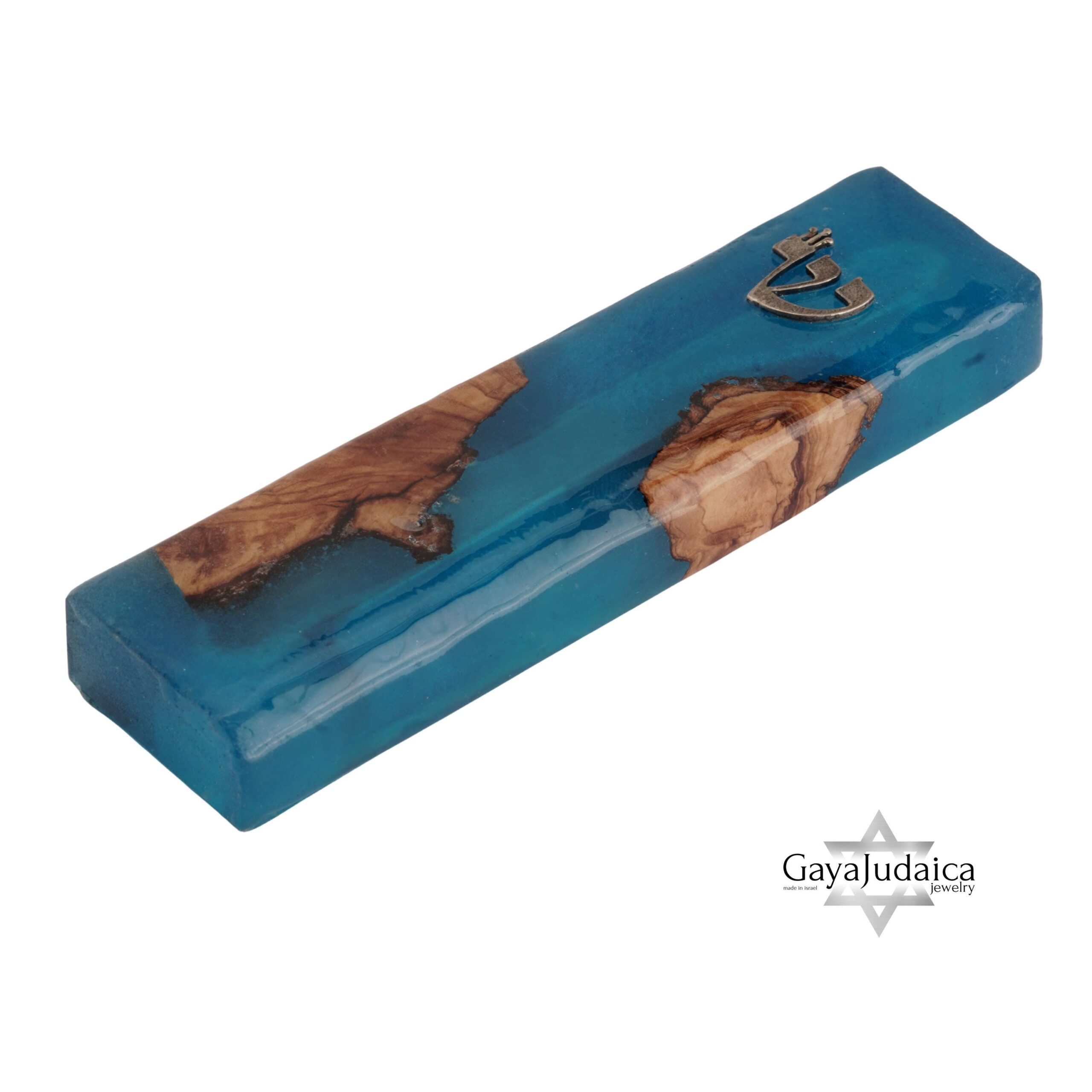 Handmade Olive Wood Mezuzah — Blue Epoxy, Modern Judaica Handmade Olive Wood Mezuzah — Blue Epoxy, Modern Judaica