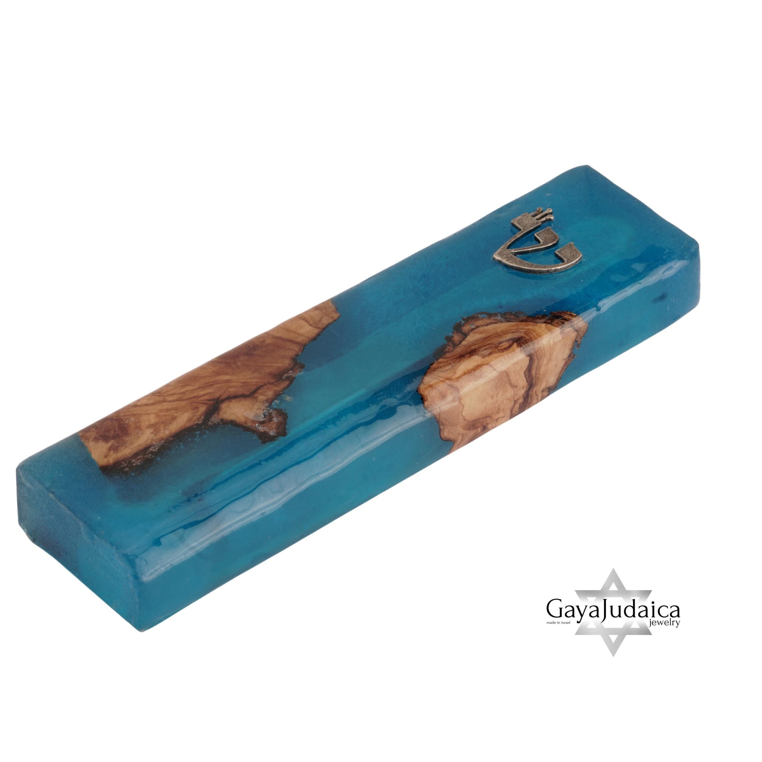 Handmade Olive Wood Mezuzah — Blue Epoxy, Modern Judaica Handmade Olive Wood Mezuzah — Blue Epoxy, Modern Judaica