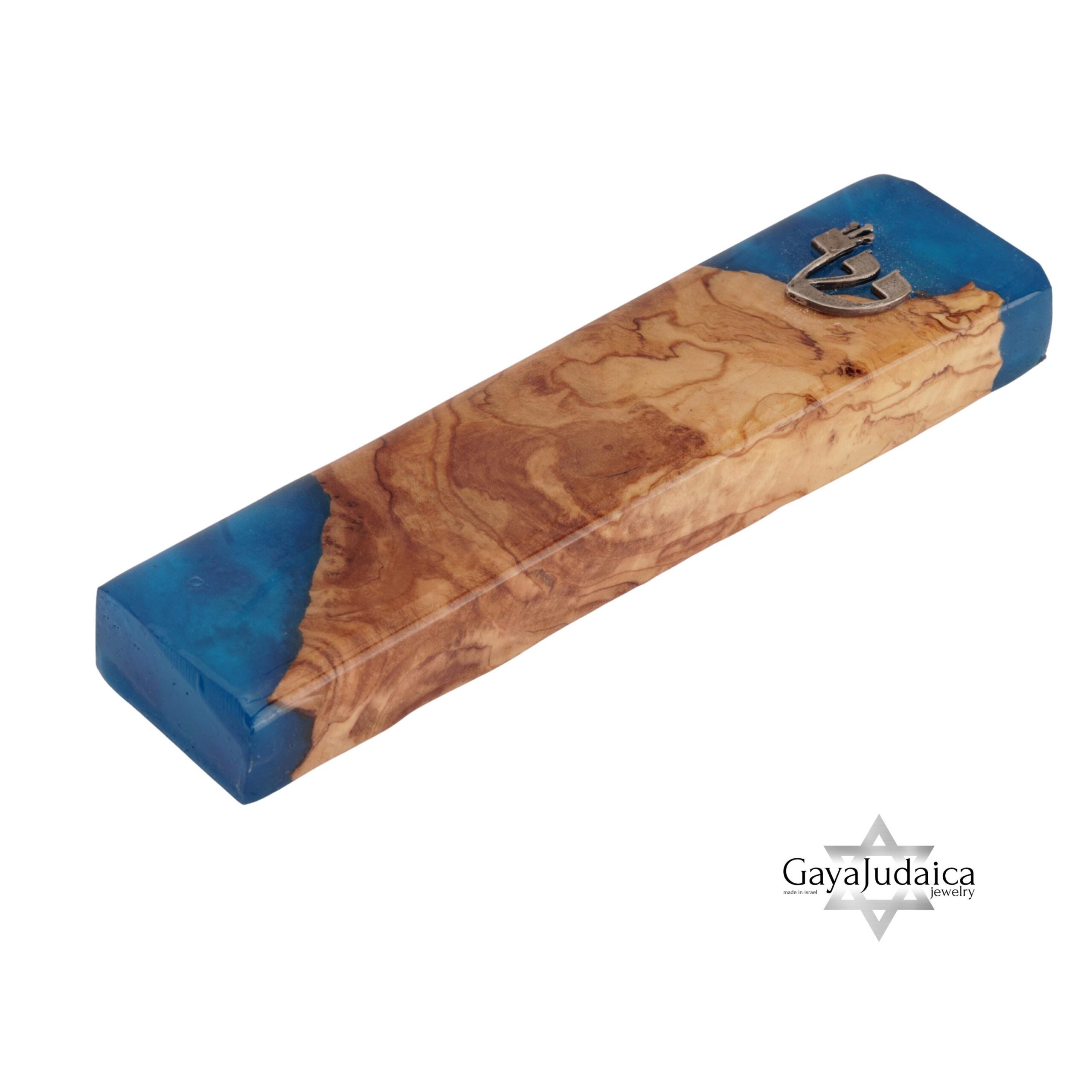 Handmade Olive Wood Mezuzah — Blue Epoxy, Modern Judaica Handmade Olive Wood Mezuzah — Blue Epoxy, Modern Judaica