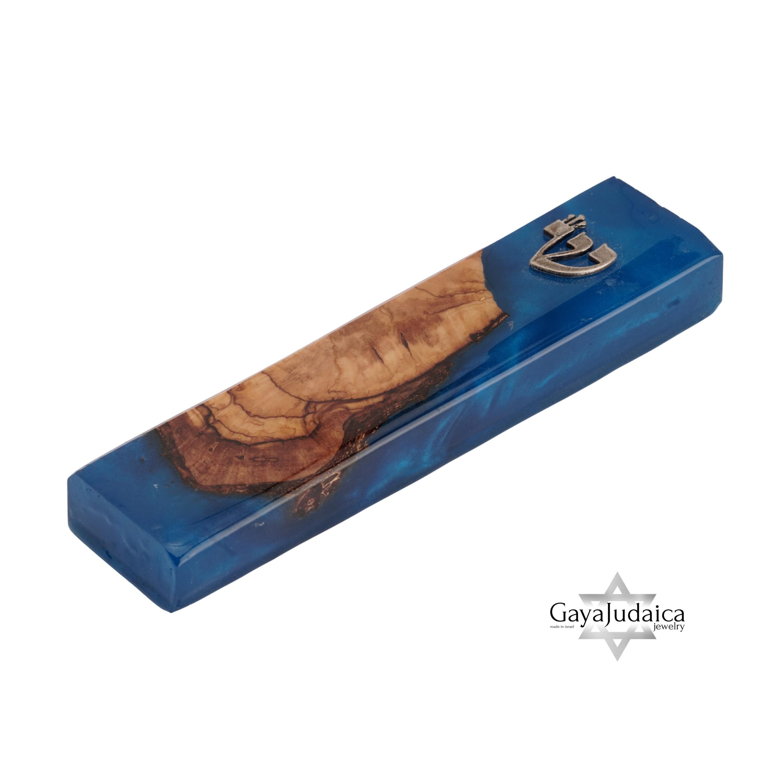 Handmade Olive Wood Mezuzah — Blue Epoxy, Modern Judaica Handmade Olive Wood Mezuzah — Blue Epoxy, Modern Judaica