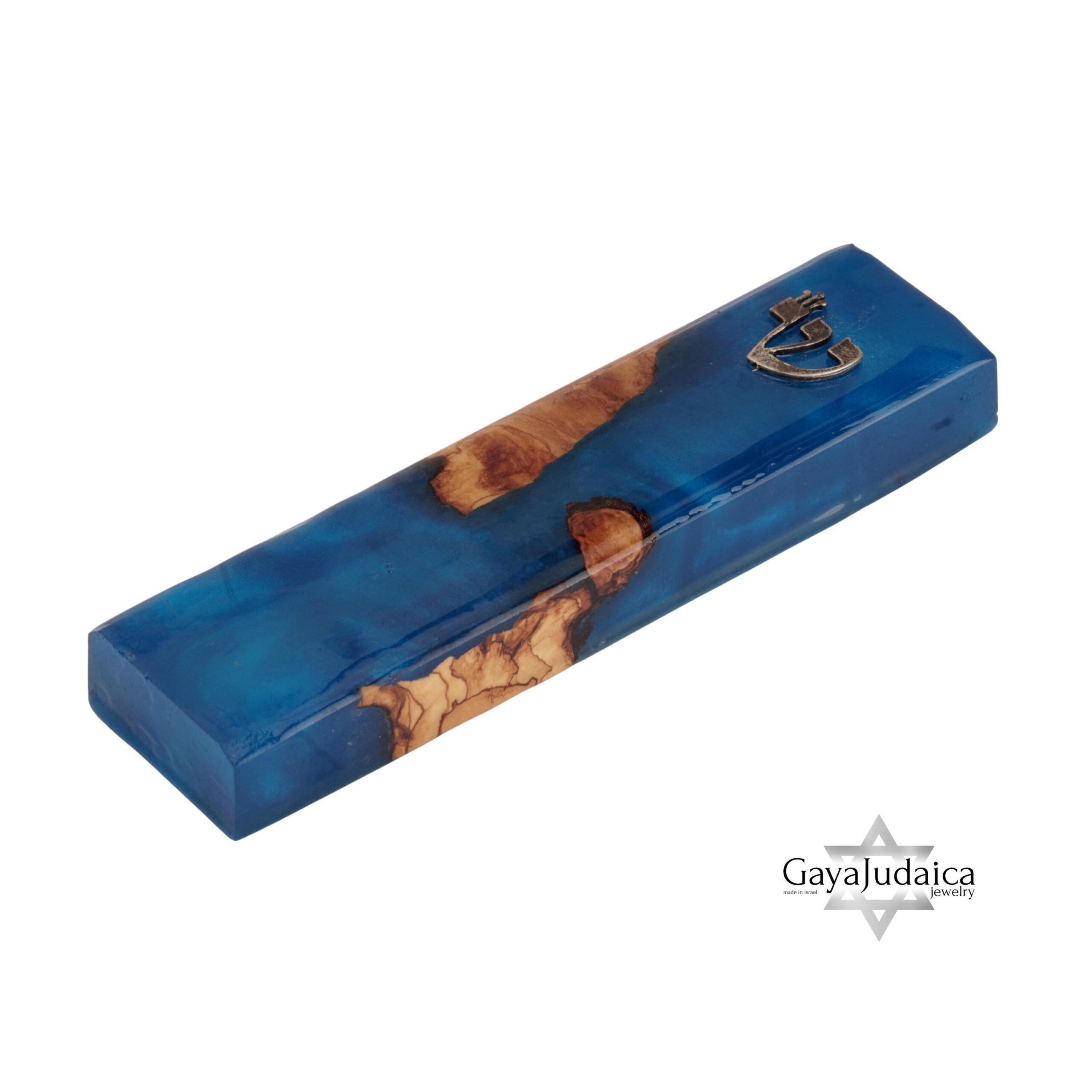 Handmade Olive Wood Mezuzah — Blue Epoxy, Modern Judaica Handmade Olive Wood Mezuzah — Blue Epoxy, Modern Judaica