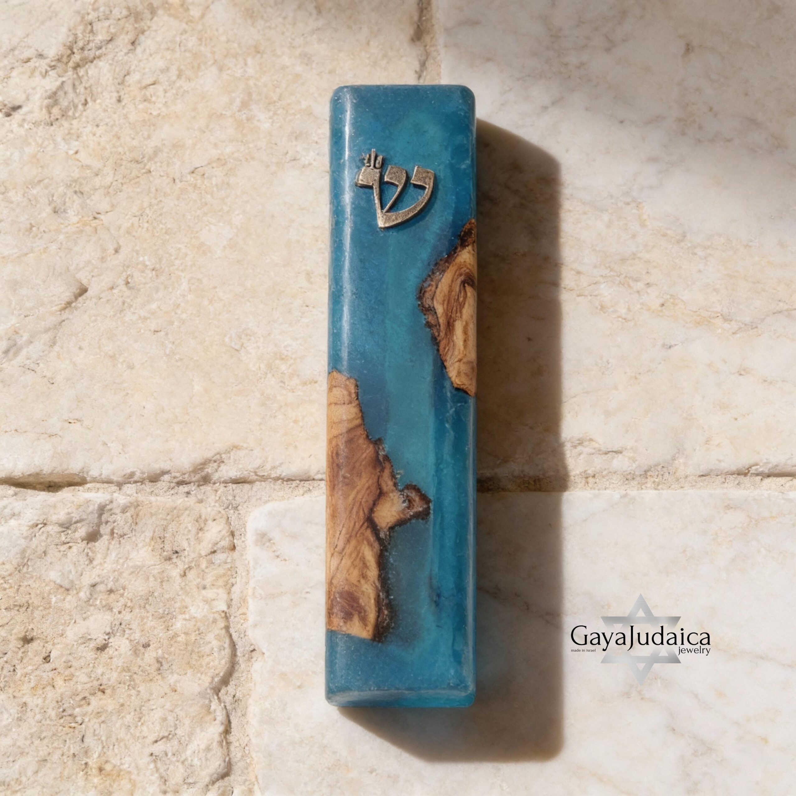 Handmade Olive Wood Mezuzah — Blue Epoxy, Modern Judaica Handmade Olive Wood Mezuzah — Blue Epoxy, Modern Judaica
