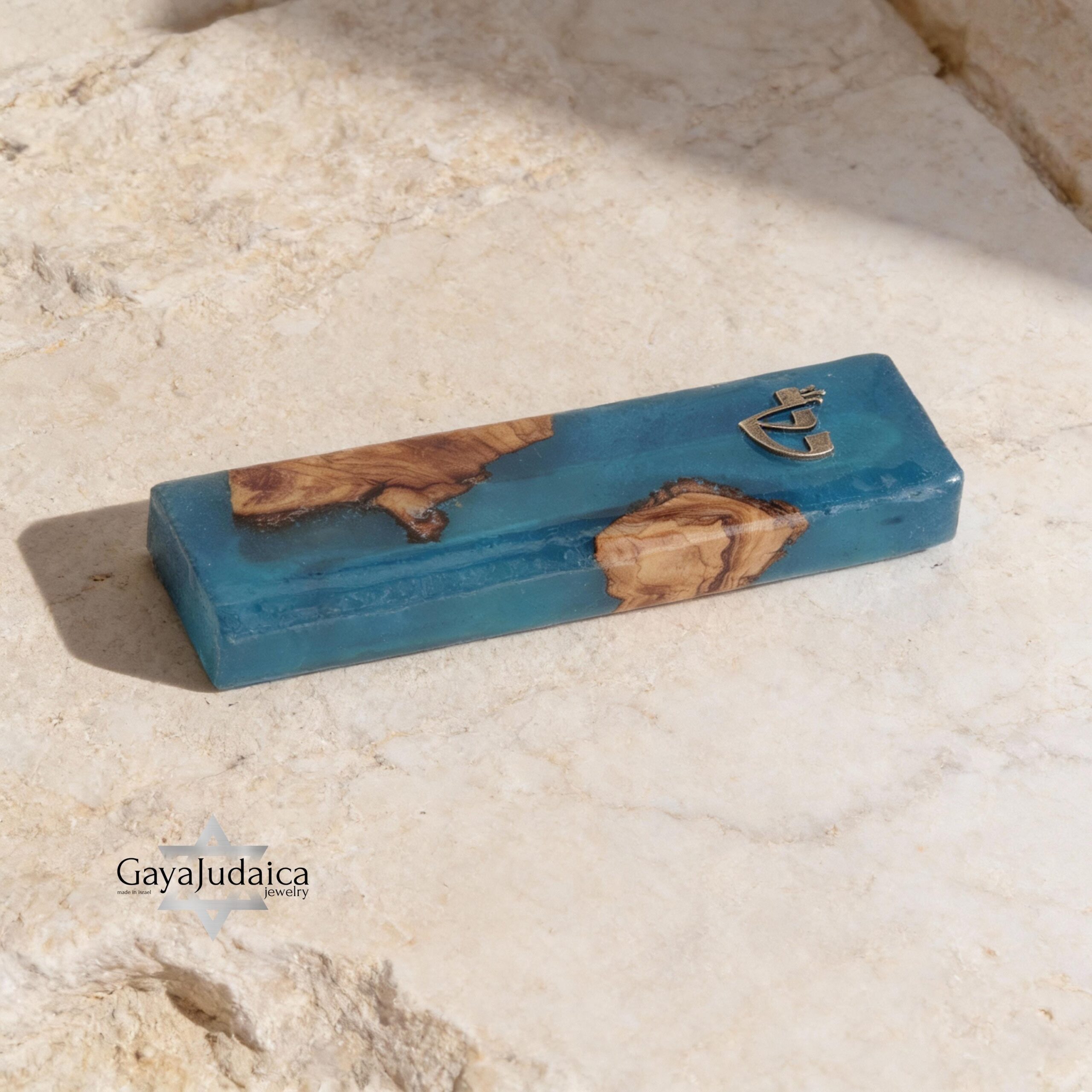 Handmade Olive Wood Mezuzah — Blue Epoxy, Modern Judaica Handmade Olive Wood Mezuzah — Blue Epoxy, Modern Judaica