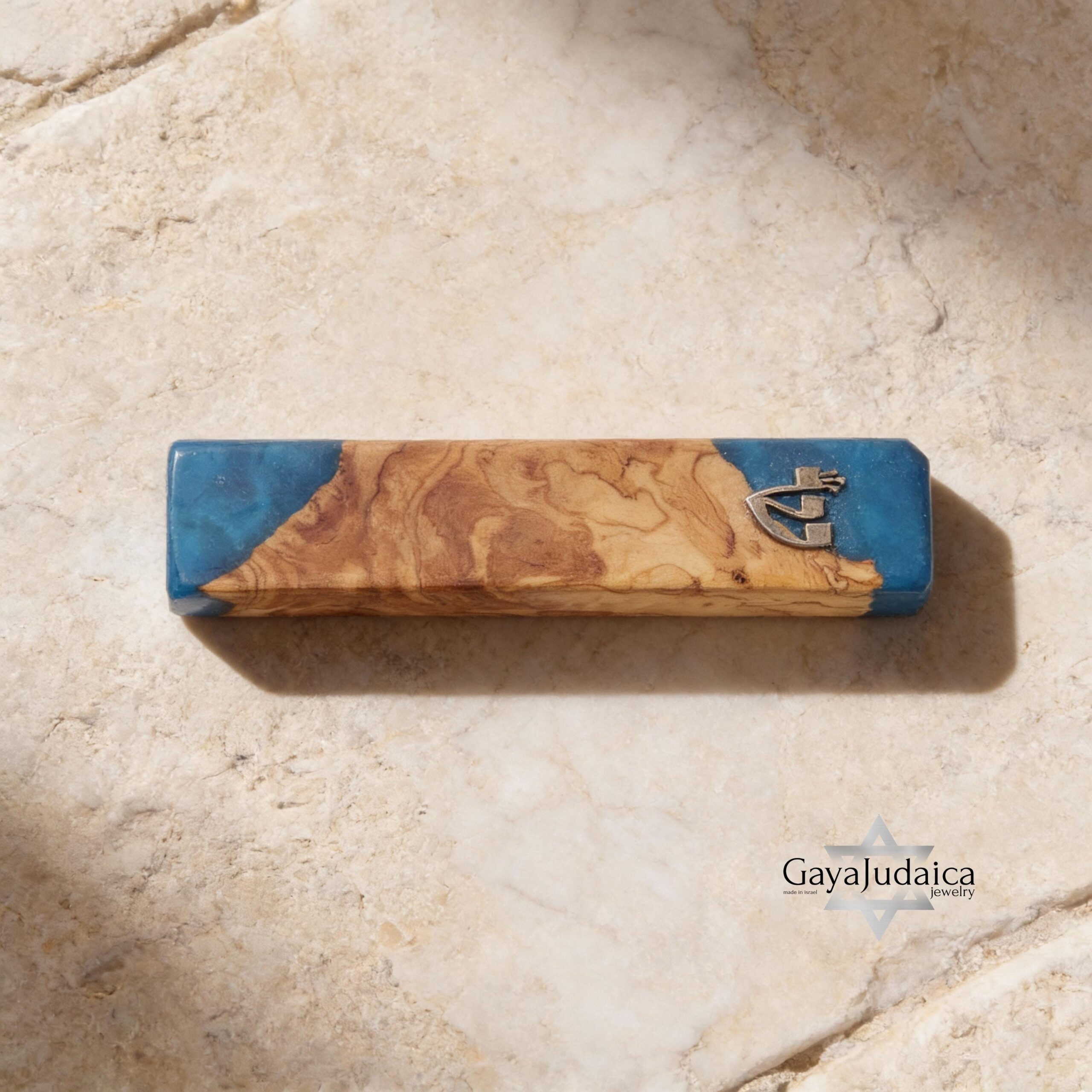 Handmade Olive Wood Mezuzah — Blue Epoxy, Modern Judaica Handmade Olive Wood Mezuzah — Blue Epoxy, Modern Judaica