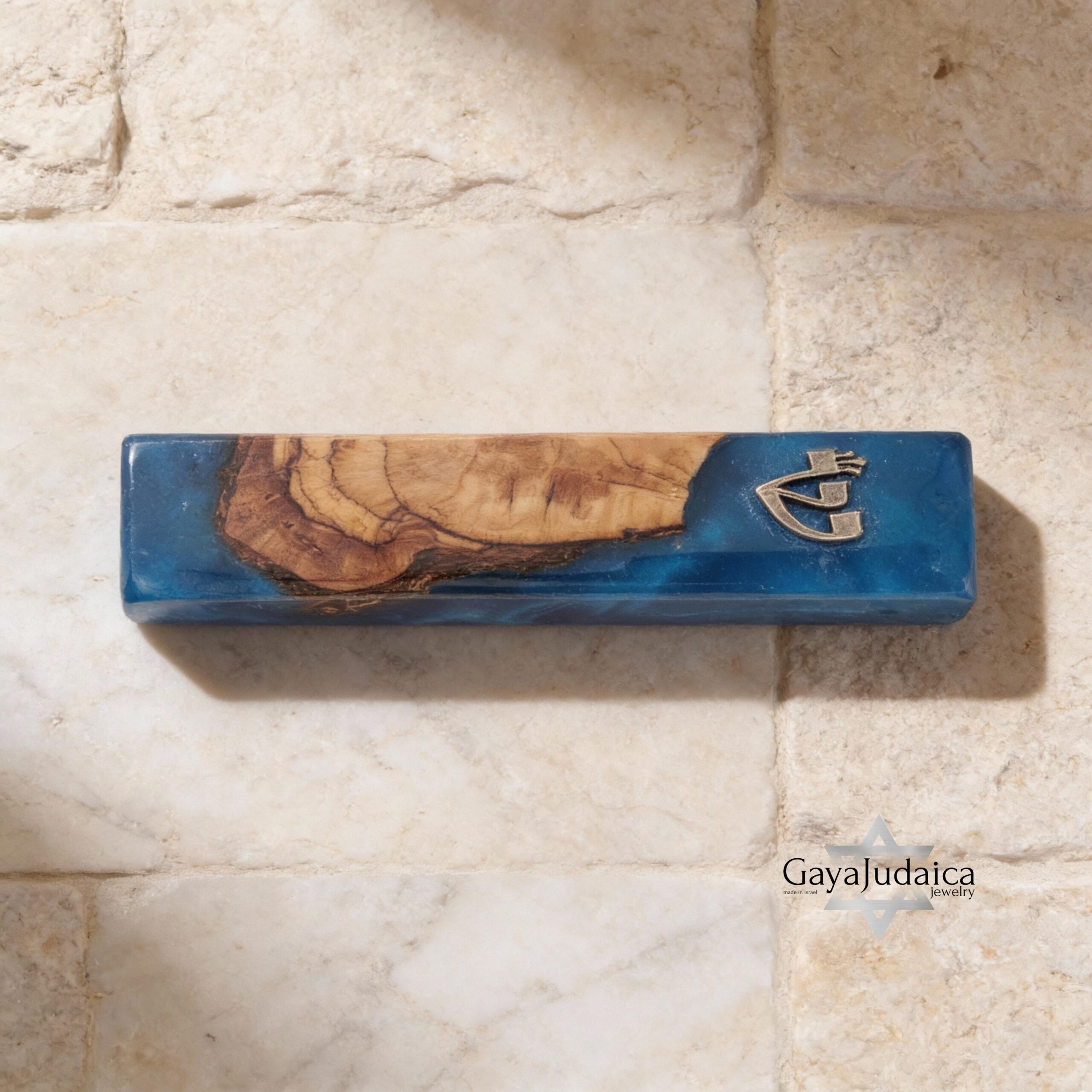 Handmade Olive Wood Mezuzah — Blue Epoxy, Modern Judaica Handmade Olive Wood Mezuzah — Blue Epoxy, Modern Judaica