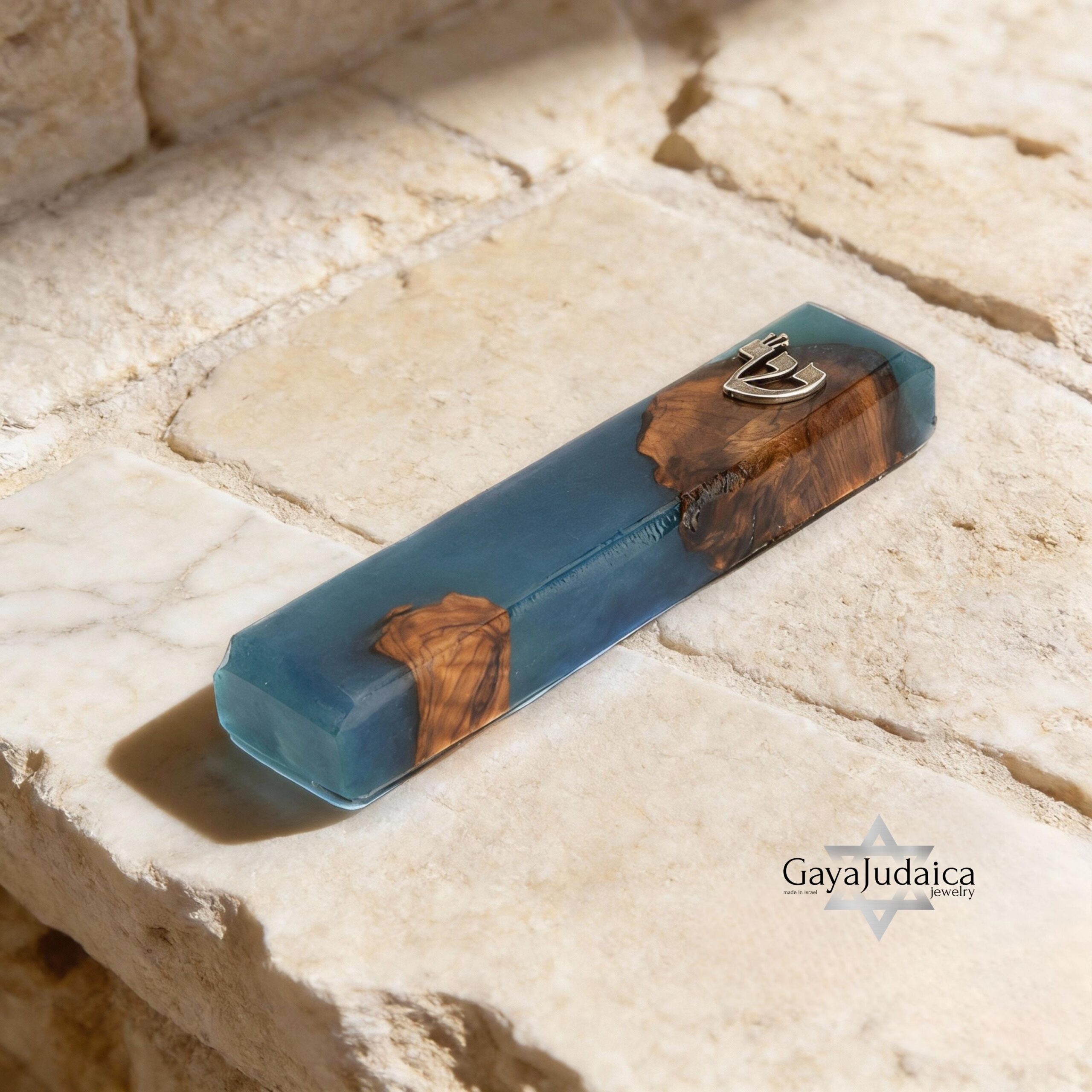 Handmade Olive Wood Mezuzah — Blue Epoxy, Modern Judaica Handmade Olive Wood Mezuzah — Blue Epoxy, Modern Judaica