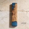 Olive Wood Mezuzah Case with Blue Epoxy — dark surface composition, handmade in Israel