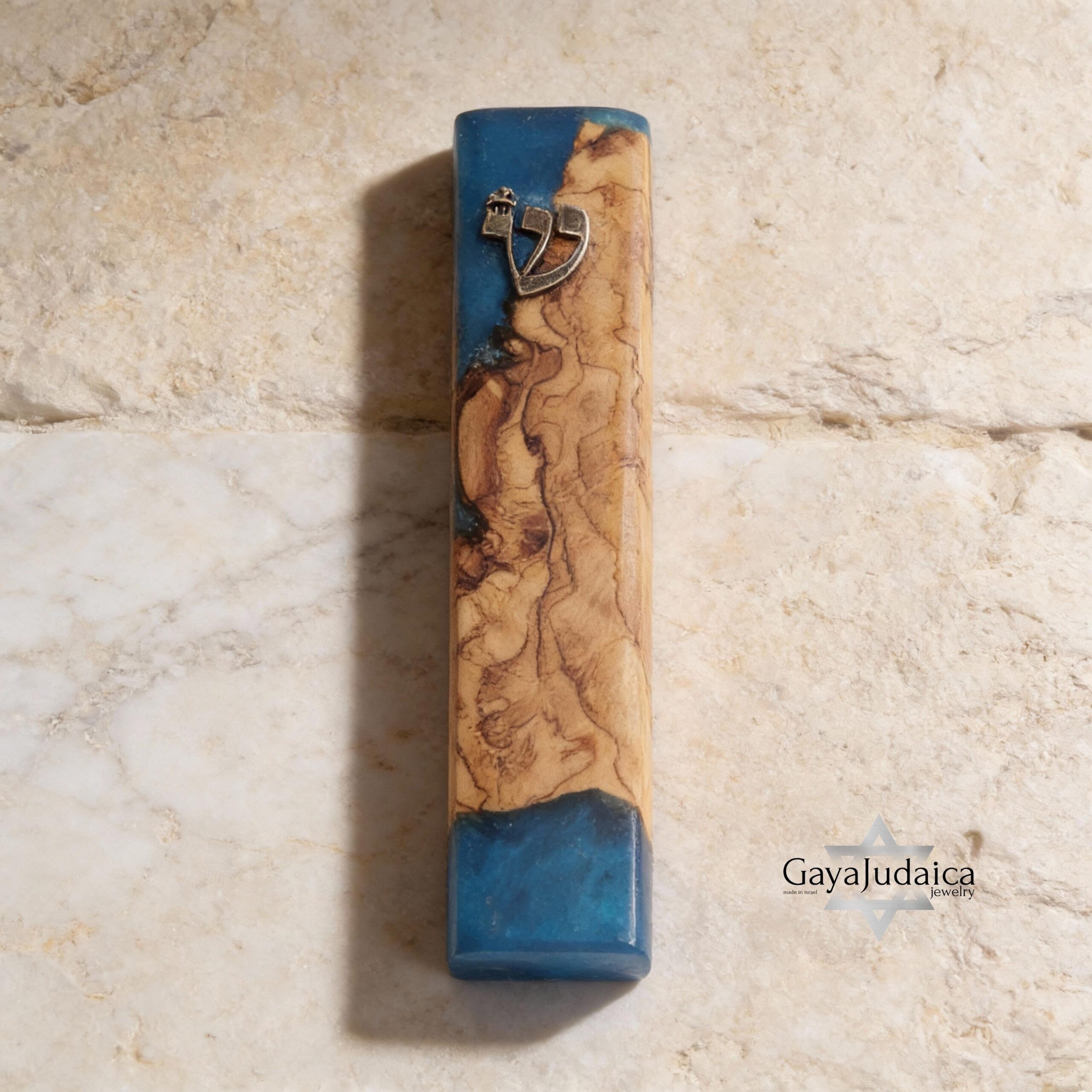Handmade Olive Wood Mezuzah — Blue Epoxy, Modern Judaica Handmade Olive Wood Mezuzah — Blue Epoxy, Modern Judaica