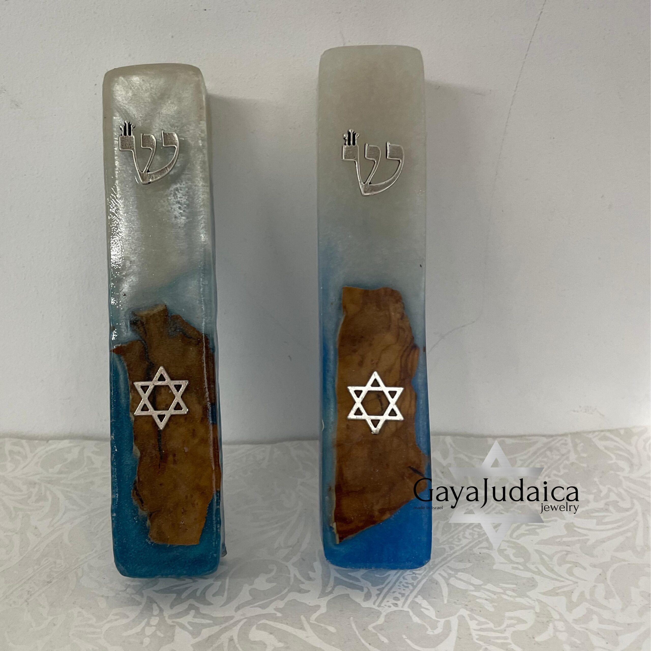 Olive Wood Mezuzah Case — Blue & White Epoxy with Star of David, Handmade in Israel Olive Wood Mezuzah Case — Blue & White Epoxy with Star of David, Handmade in Israel