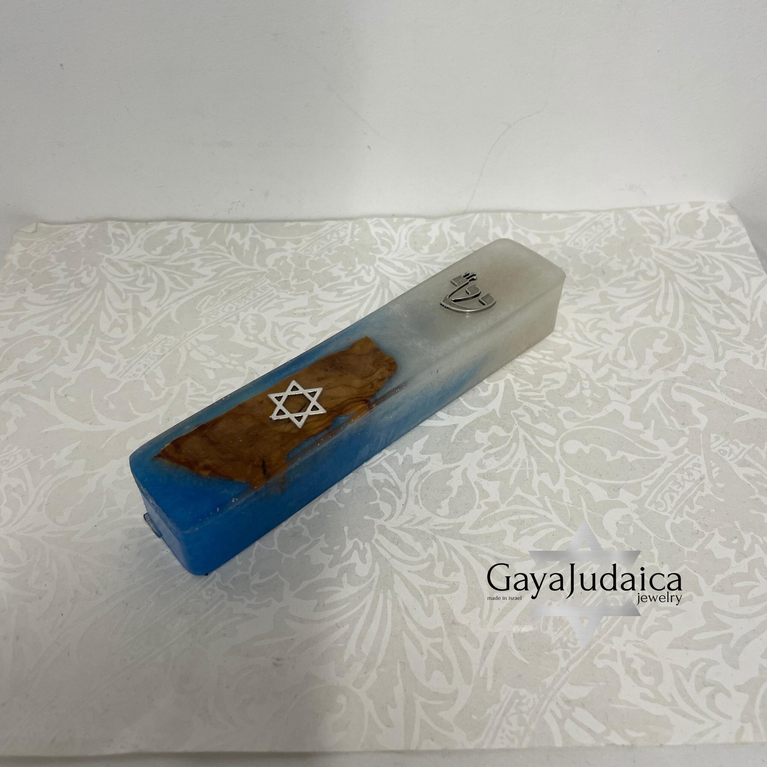 Olive Wood Mezuzah Case — Blue & White Epoxy with Star of David, Handmade in Israel Olive Wood Mezuzah Case — Blue & White Epoxy with Star of David, Handmade in Israel