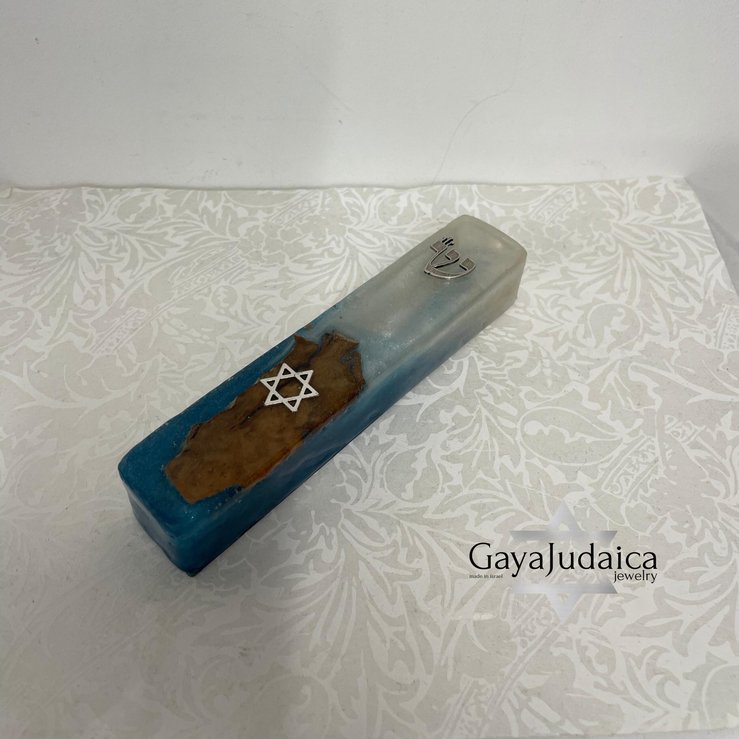 Olive Wood Mezuzah Case — Blue & White Epoxy with Star of David, Handmade in Israel Olive Wood Mezuzah Case — Blue & White Epoxy with Star of David, Handmade in Israel