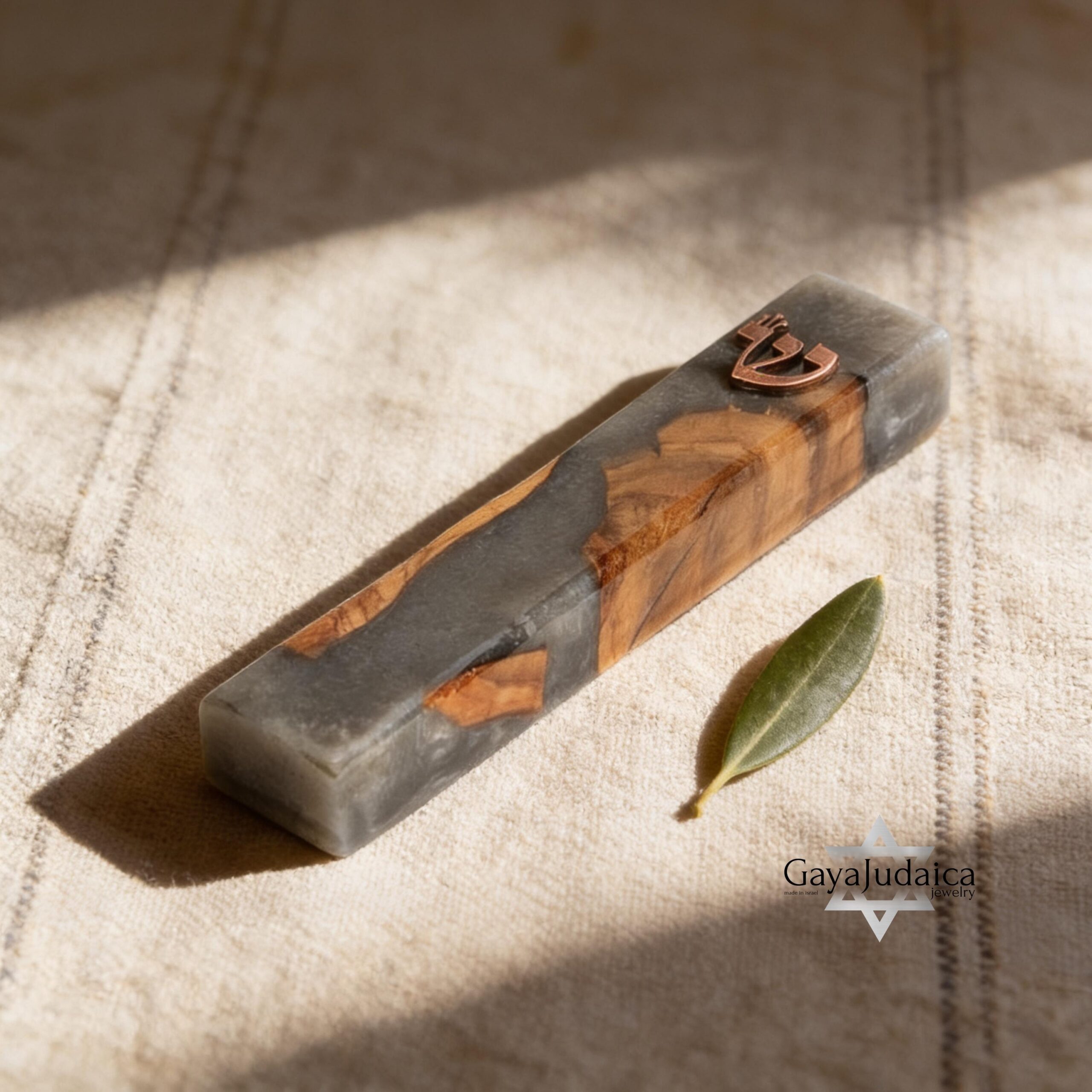 Handmade Olive Wood Mezuzah Case — Gray Epoxy Accents, Jewish Home Decor from Israel Handmade Olive Wood Mezuzah Case — Gray Epoxy Accents, Jewish Home Decor from Israel