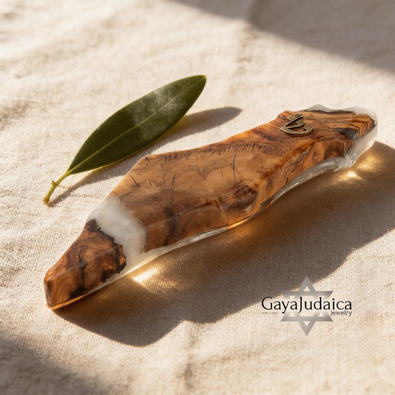 Olive Wood Mezuzah Case with Israel Map Epoxy Resin — detail view, handmade in Israel