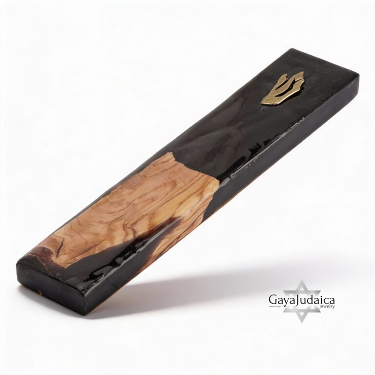 Olive Wood Mezuzah Case Modern Epoxy Judaica — detail view, handmade in Israel