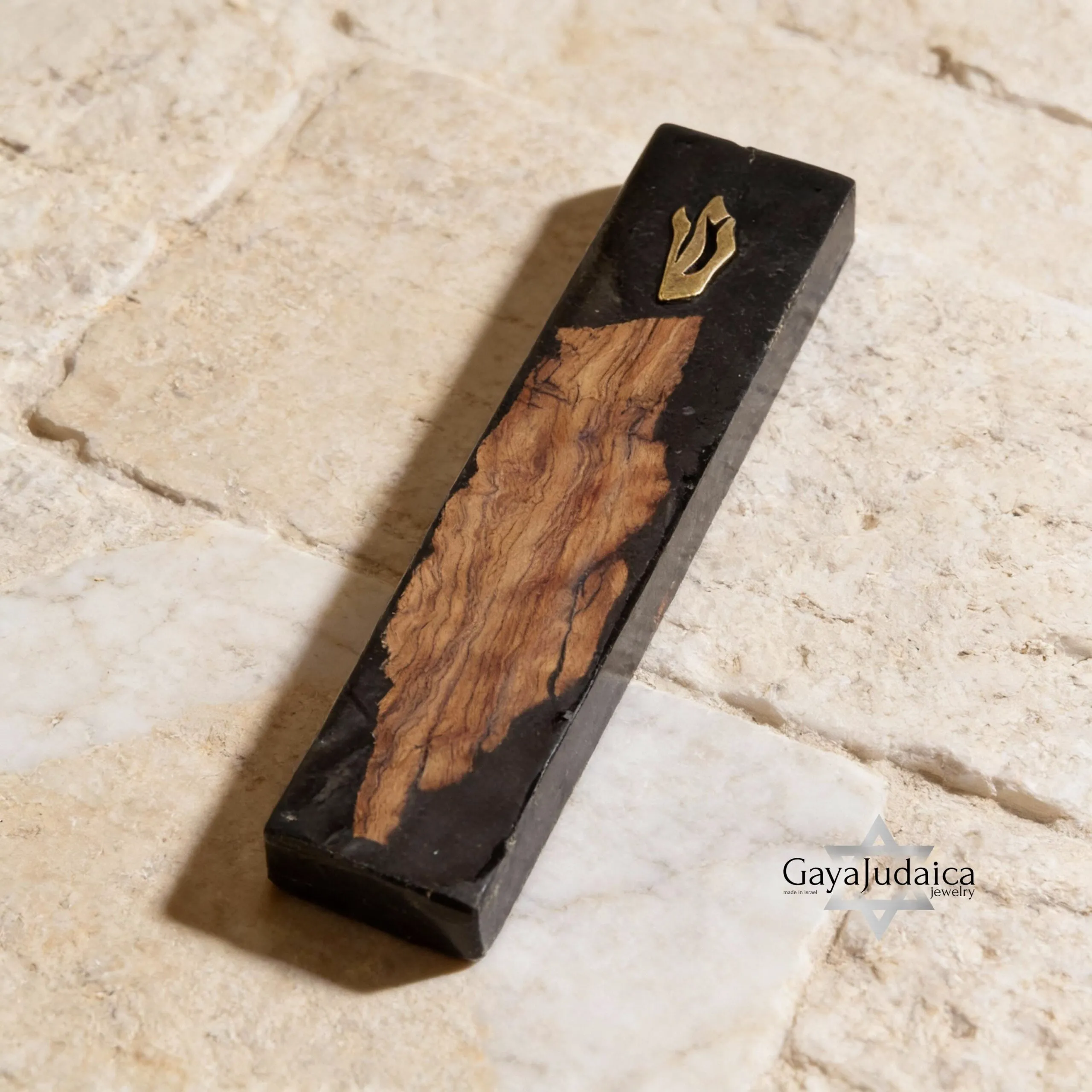 Olive Wood Mezuzah Case Modern Epoxy Judaica — styled shot, handmade in Israel