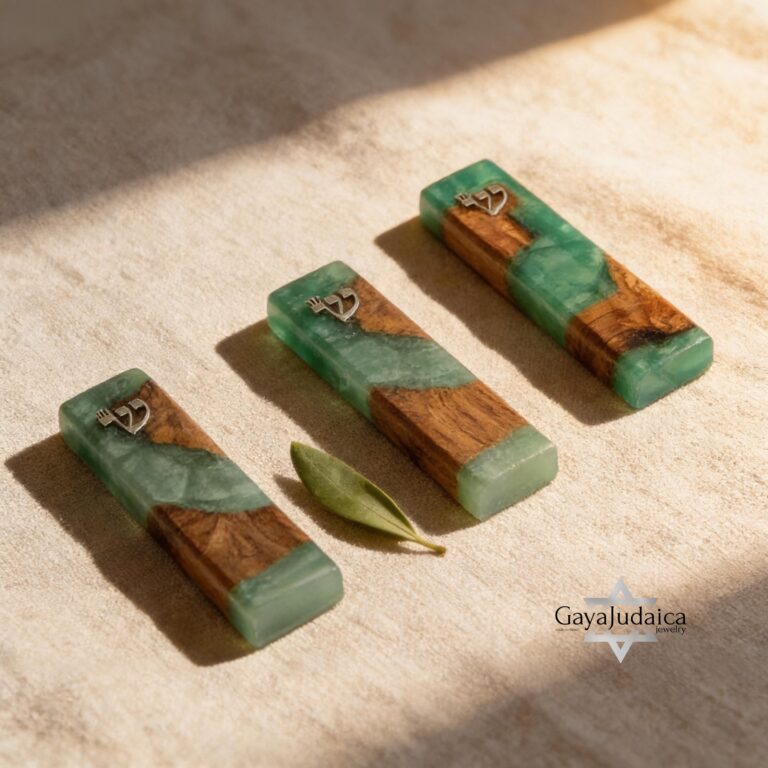 Handmade Olive Wood Mezuzah with Turquoise Epoxy — main photo, handmade in Israel