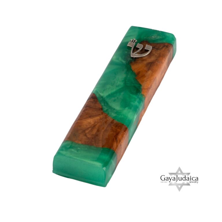 Handmade Olive Wood Mezuzah with Turquoise Epoxy — detail view, handmade in Israel
