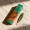 Handmade Olive Wood Mezuzah with Turquoise Epoxy — three finishes side by side, handmade in Israel
