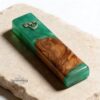 Handmade Olive Wood Mezuzah with Turquoise Epoxy — styled shot, handmade in Israel