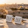 Personalised Sterling Silver Cufflinks Hebrew English Engraving — dark surface composition, handmade in Israel