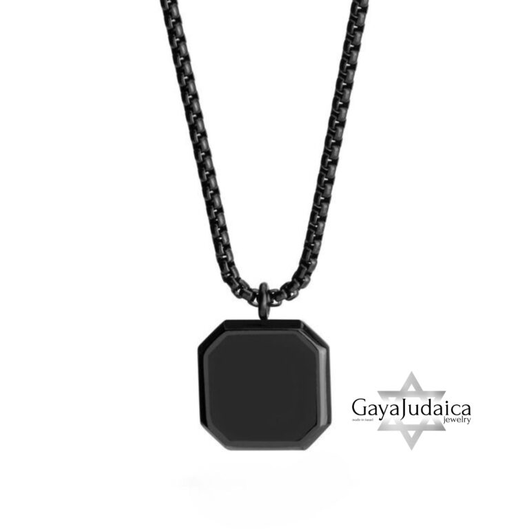 Personalized Black Onyx Pendant Necklace Stainless Steel — detail view, handmade in Israel