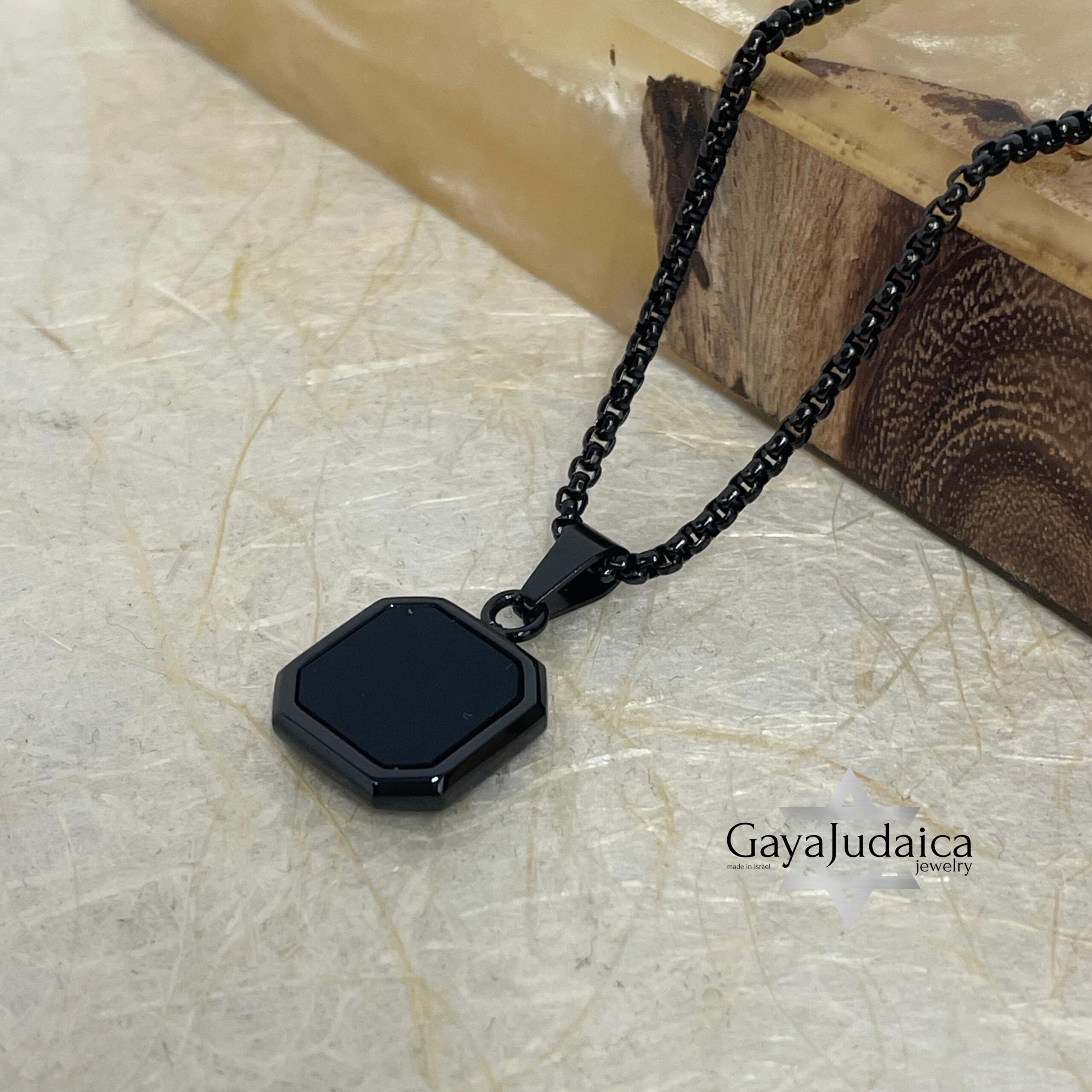 Personalized Black Onyx Pendant Necklace — Stainless Steel Box Chain, Hebrew Engraving Personalized Black Onyx Pendant Necklace — Stainless Steel Box Chain, Hebrew Engraving