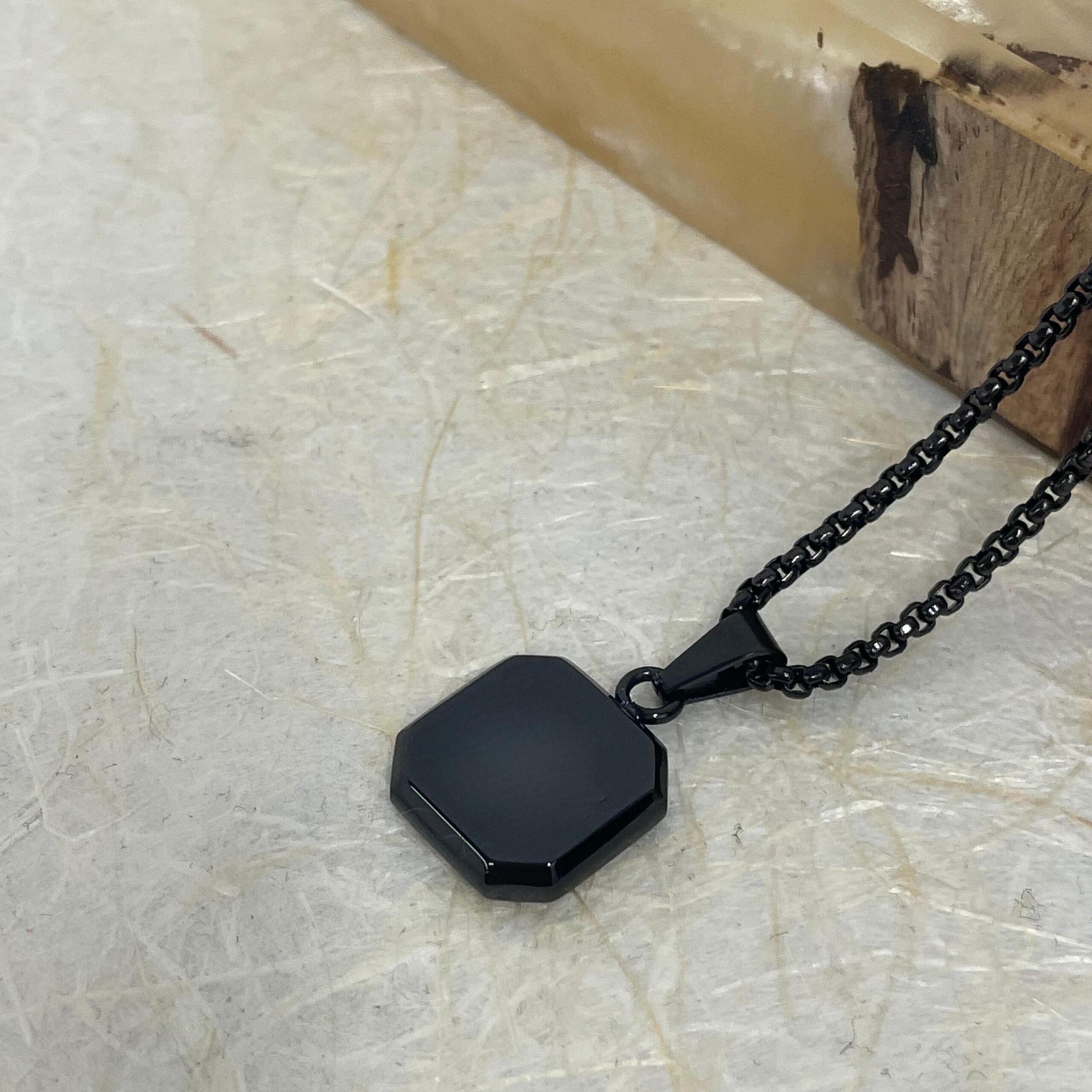 Personalized Black Onyx Pendant Necklace — Stainless Steel Box Chain, Hebrew Engraving Personalized Black Onyx Pendant Necklace — Stainless Steel Box Chain, Hebrew Engraving