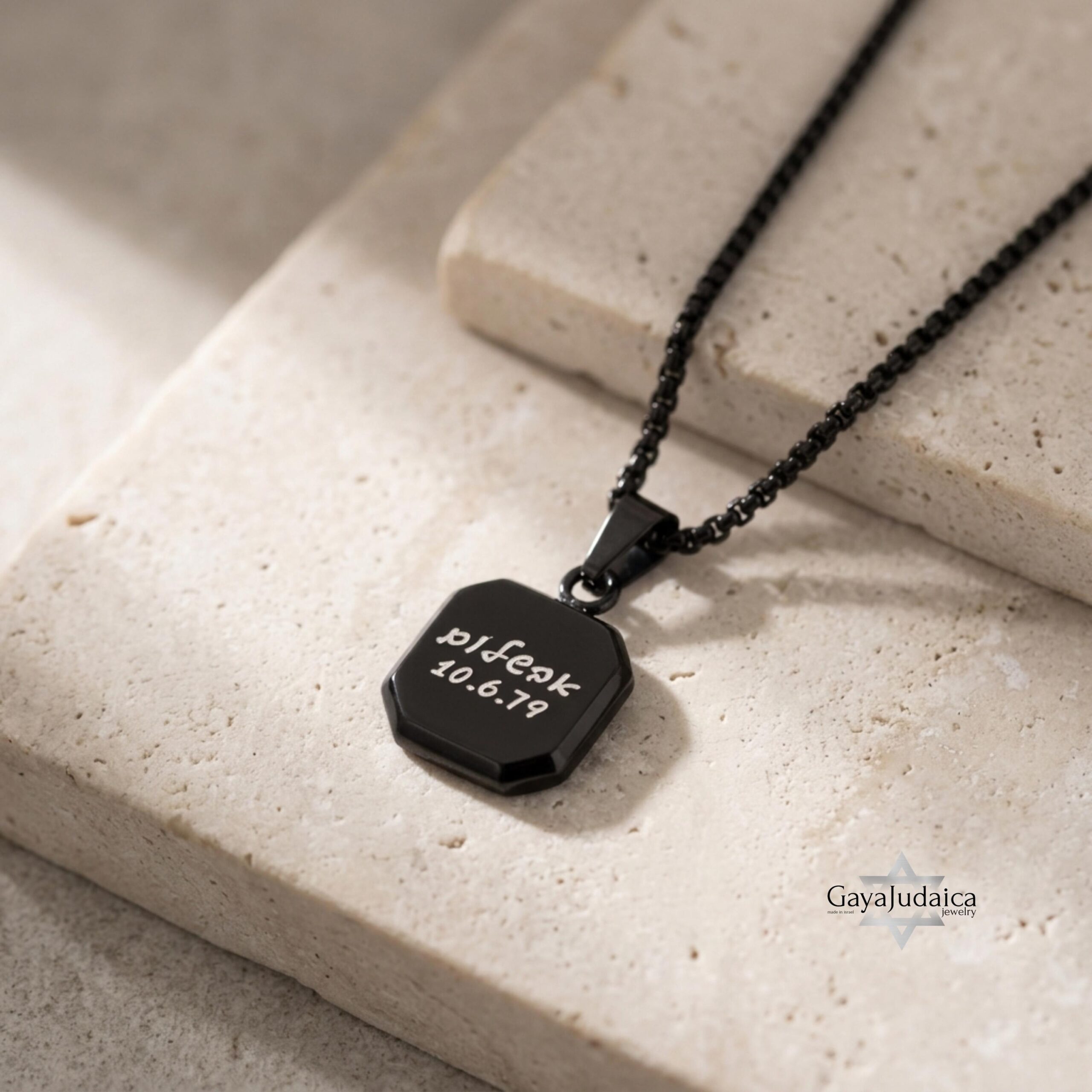 Personalized Black Onyx Pendant Necklace — Stainless Steel Box Chain, Hebrew Engraving Personalized Black Onyx Pendant Necklace — Stainless Steel Box Chain, Hebrew Engraving