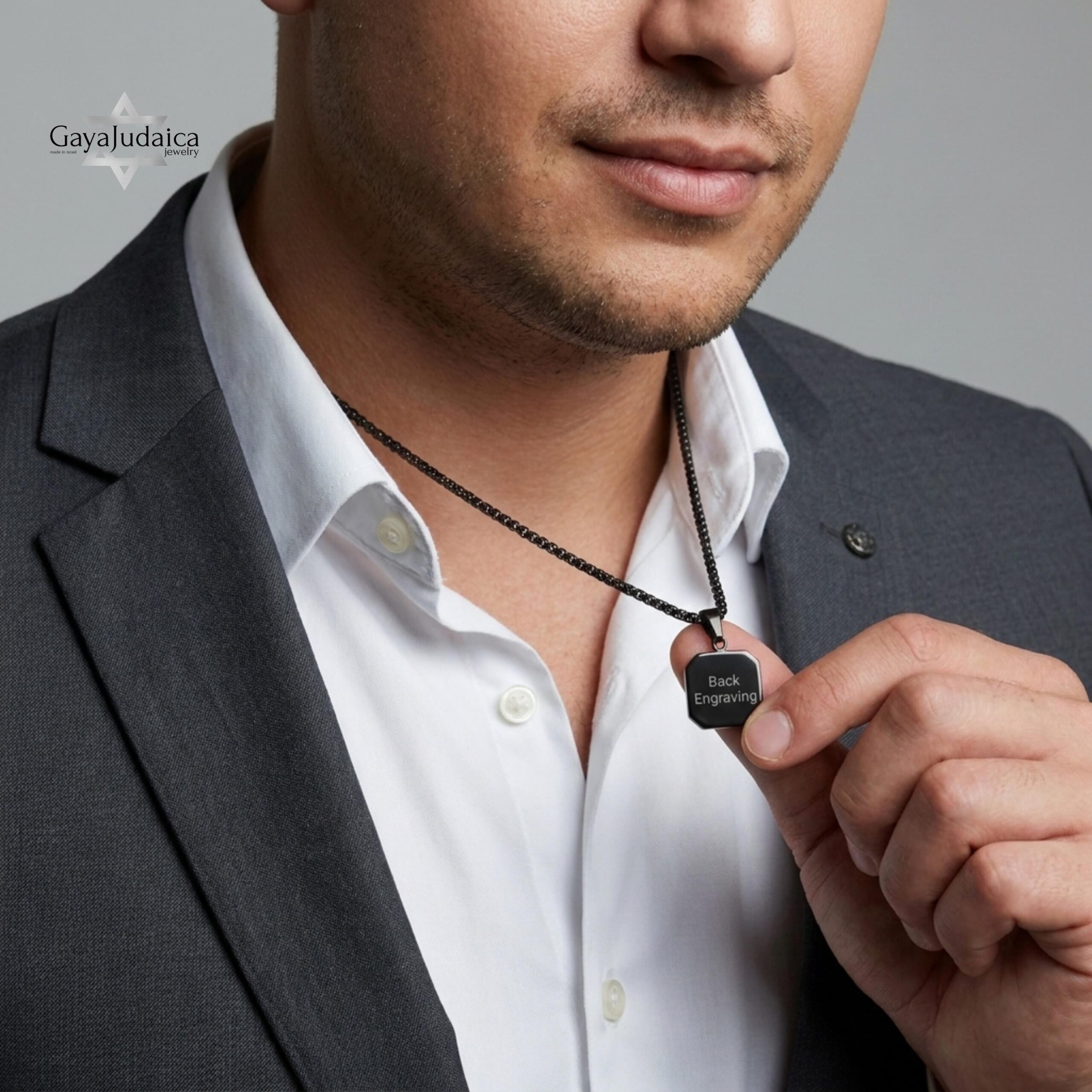 Personalized Black Onyx Pendant Necklace — Stainless Steel Box Chain, Hebrew Engraving Personalized Black Onyx Pendant Necklace — Stainless Steel Box Chain, Hebrew Engraving