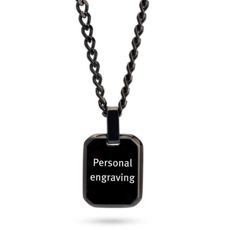 Personalized Dog Tag Necklace Stainless Steel Black Onyx Engraved — main photo, handmade in Israel