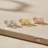 Personalized English Letter Initial Stud Earrings — three finishes side by side, handmade in Israel