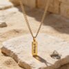 Personalized Stainless Steel Bar Necklace Engraved Name Pendant — close-up detail, handmade in Israel