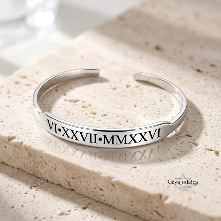 Personalized Roman Numeral Cuff Bracelet Sterling Silver — main photo, handmade in Israel