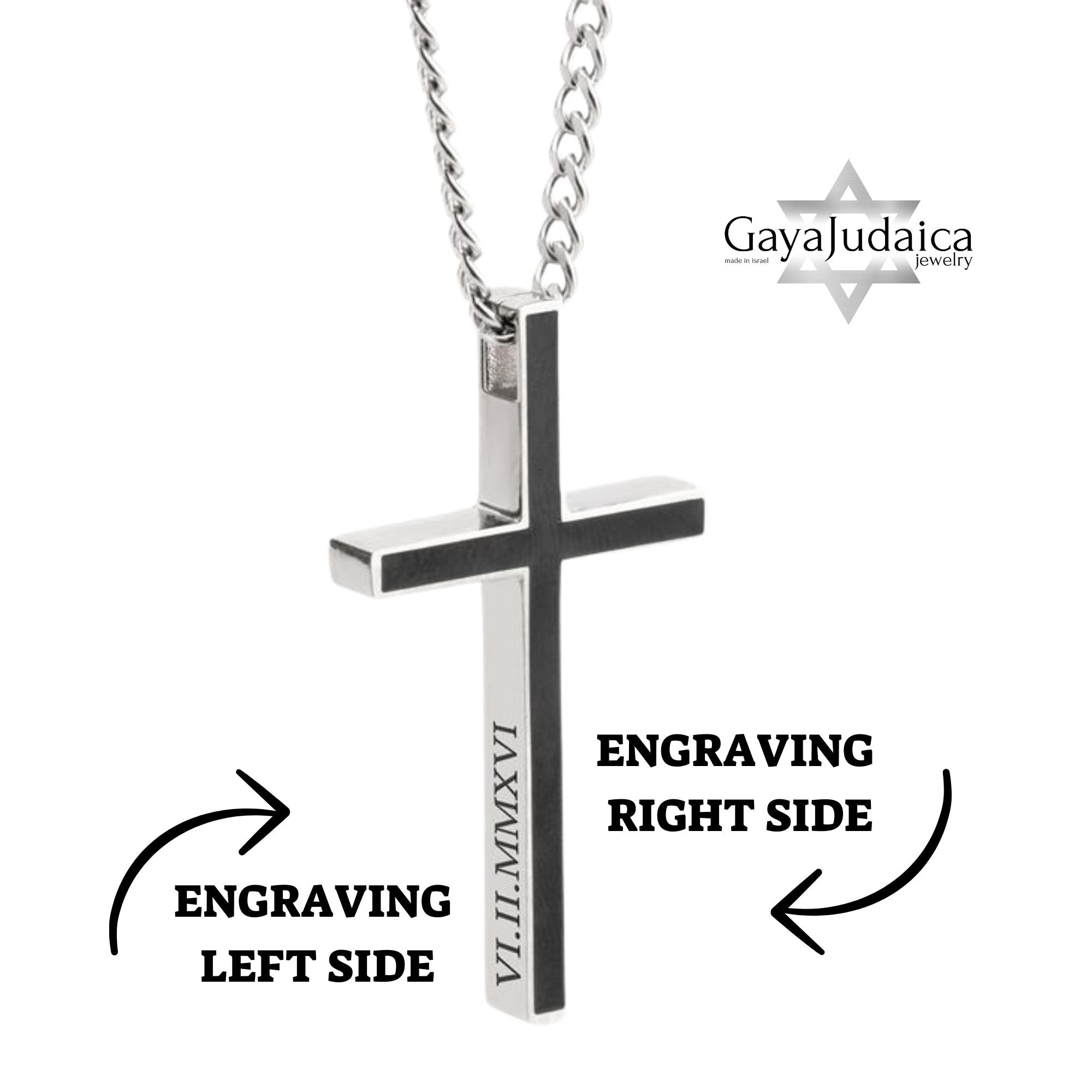 Personalized Cross Pendant Necklace — Stainless Steel with Black Enamel, Custom Engraved Personalized Cross Pendant Necklace — Stainless Steel with Black Enamel, Custom Engraved