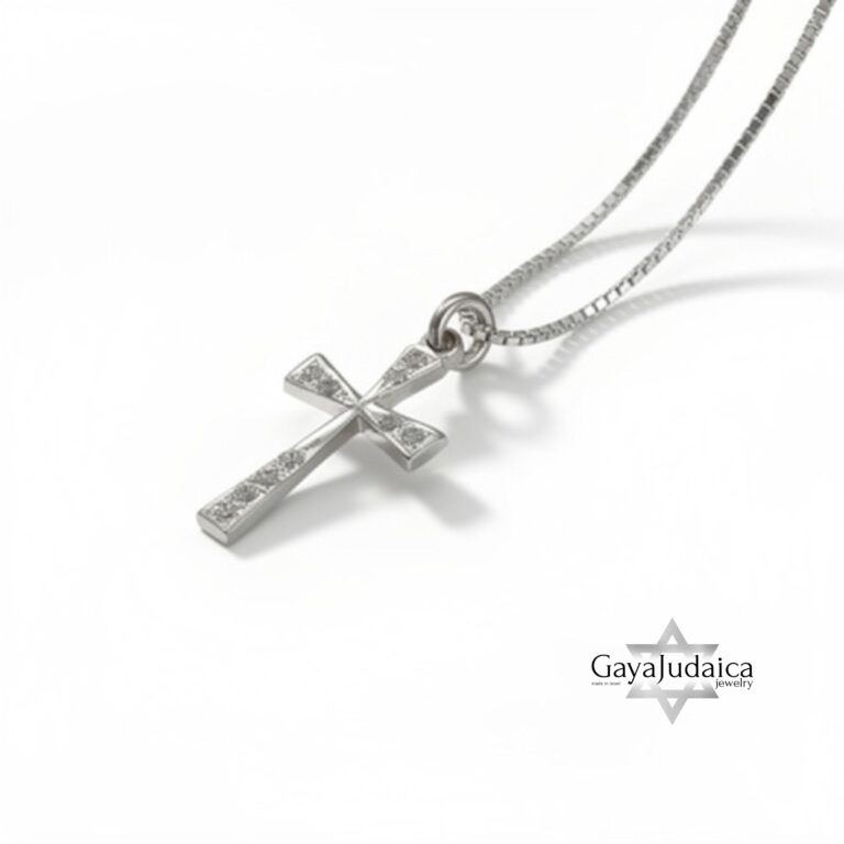Sterling Silver Cross Necklace Pavé Zirconia — detail view, handmade in Israel