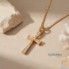 Sterling Silver Cross Necklace Pavé Zirconia — top-down view, handmade in Israel
