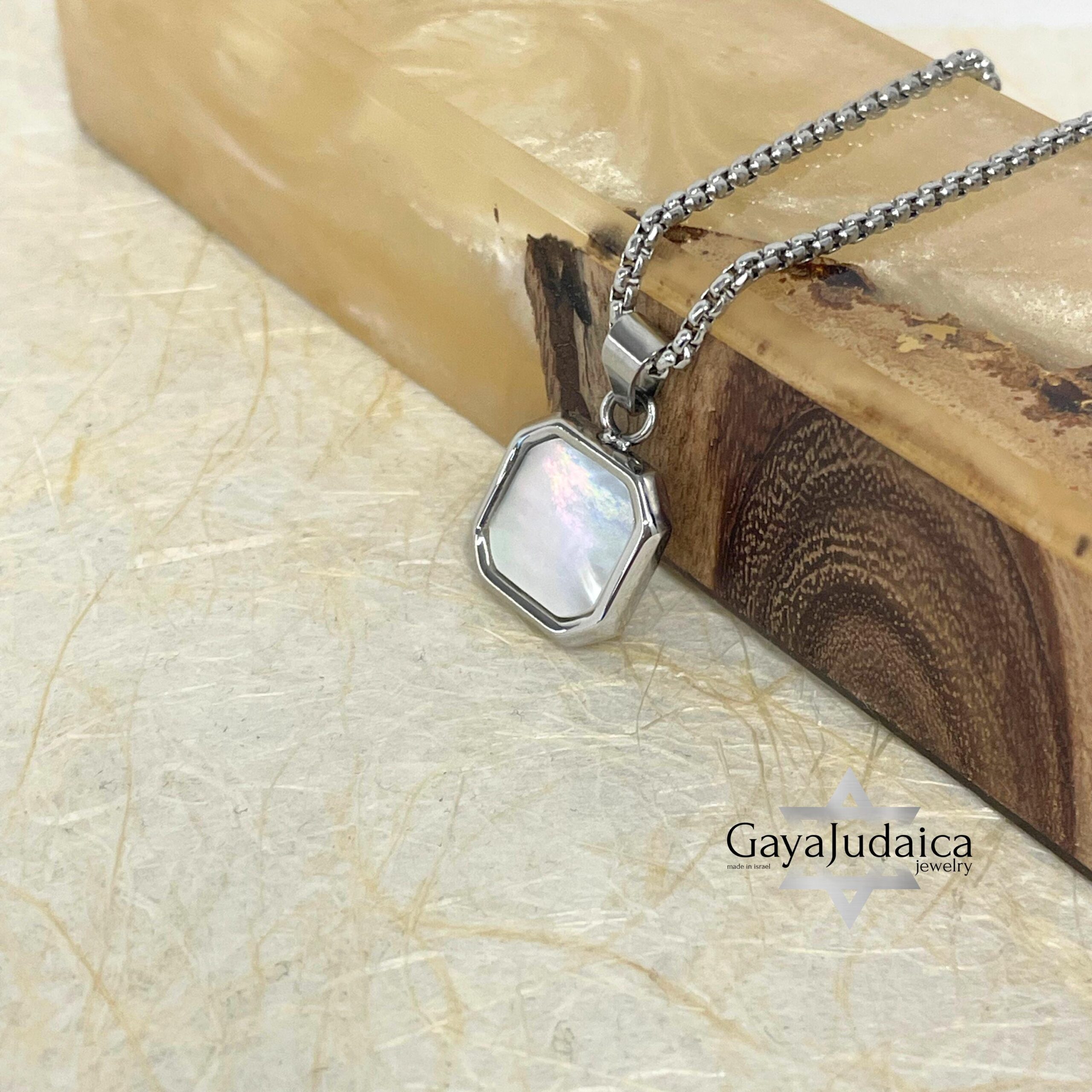 Custom Engraved White Stone Necklace — Stainless Steel Curb Chain, Gift from Israel Custom Engraved White Stone Necklace — Stainless Steel Curb Chain, Gift from Israel