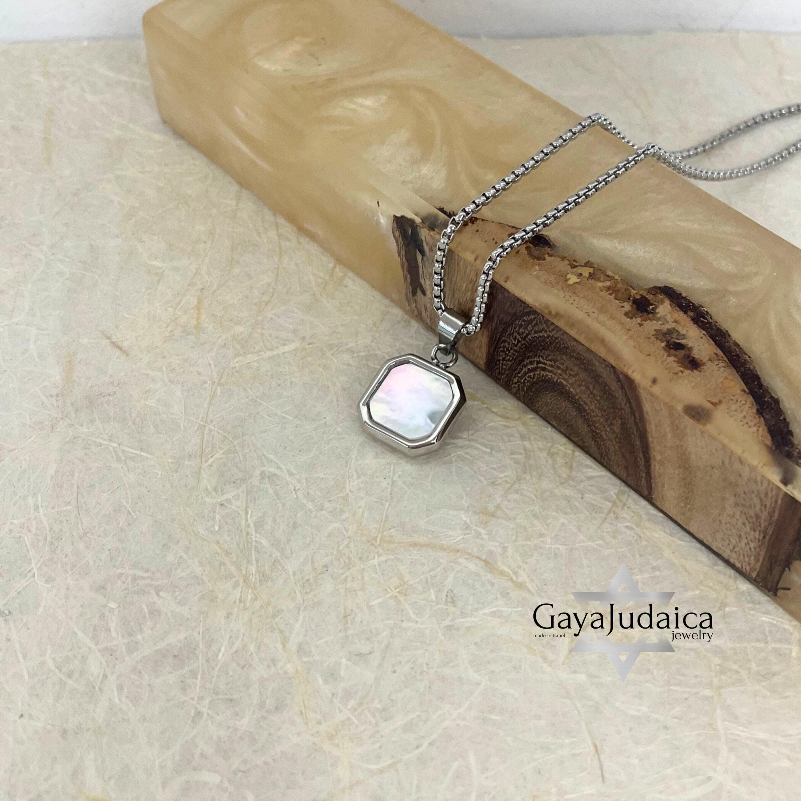 Custom Engraved White Stone Necklace — Stainless Steel Curb Chain, Gift from Israel Custom Engraved White Stone Necklace — Stainless Steel Curb Chain, Gift from Israel