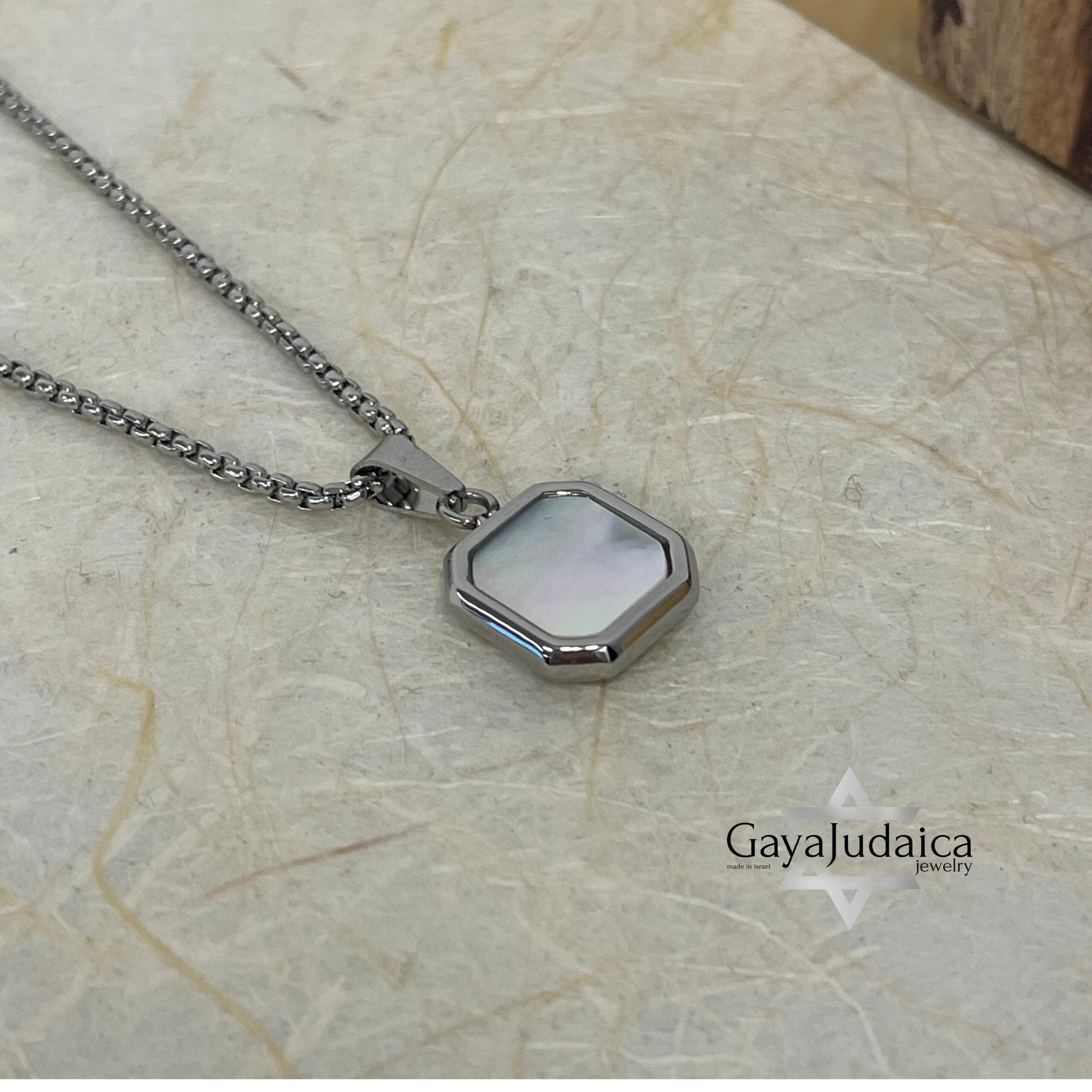 Custom Engraved White Stone Necklace — Stainless Steel Curb Chain, Gift from Israel Custom Engraved White Stone Necklace — Stainless Steel Curb Chain, Gift from Israel