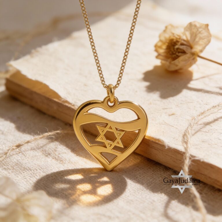 14K Gold Heart and Star of David Necklace in yellow gold on elegant box chain, Jewish jewelry gift for her, handmade by