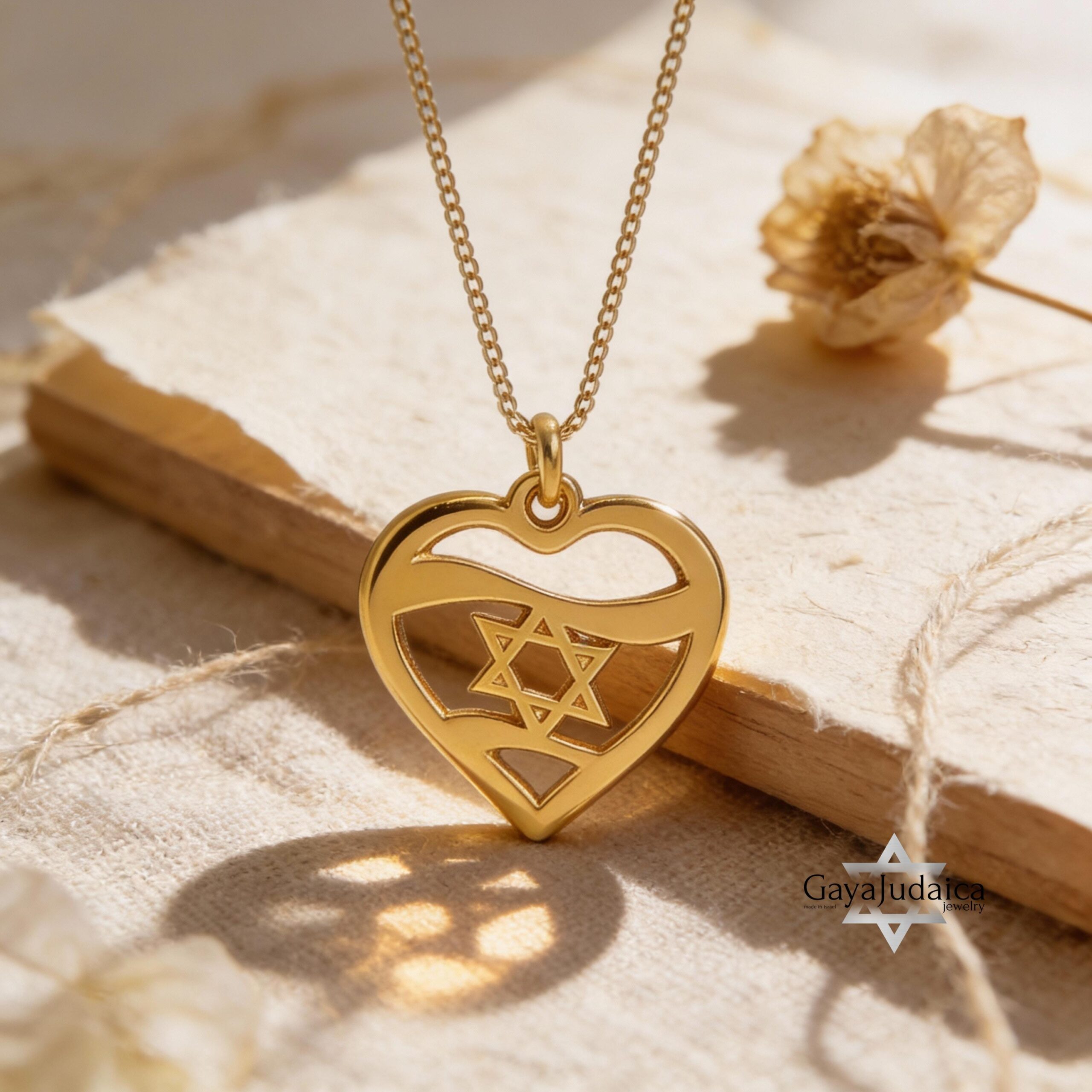 14K Gold Heart and Star of David Necklace — Solid Gold Judaica Jewelry 14K Gold Heart and Star of David Necklace — Solid Gold Judaica Jewelry
