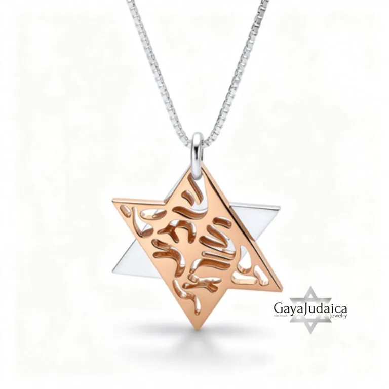 Shema Israel Star of David Necklace — Sterling Silver & Rose Gold Judaica Gift — detail
